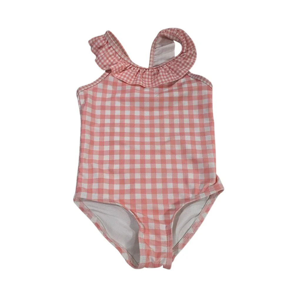 Carters‎ One Piece Swimsuit Baby Girl Pink White 4T Plaid Stretch Bow Ruffled